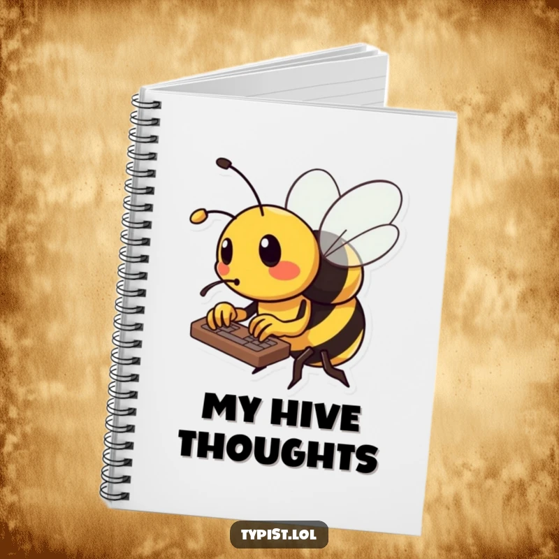 Funny bee notebook with a busy bee typing rapidly on a keyboard, using its tiny stinger, ready to write.