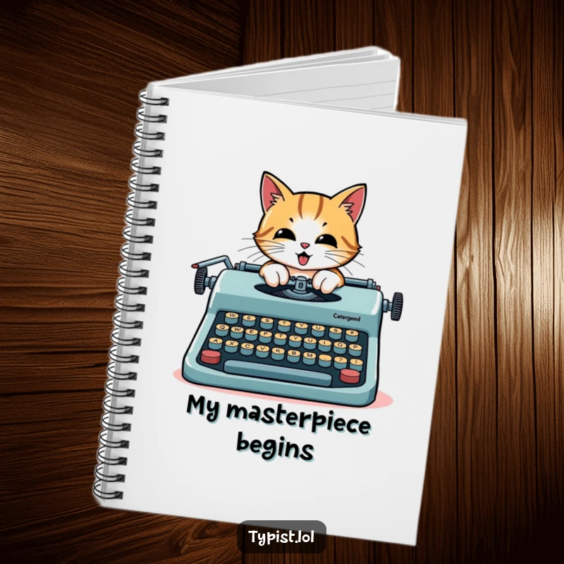 Funny cat notebook, a determined cat typing on a giant typewriter with oversized keys, ideal for jotting story ideas.