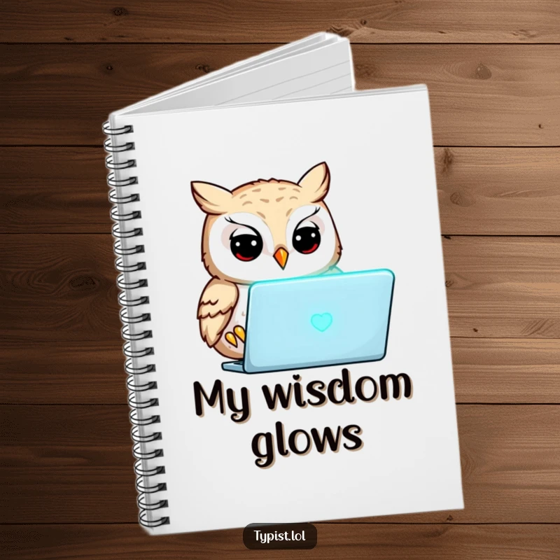 Funny owl concentrating on a glowing laptop screen, notebook cover, perfect for students and professionals.