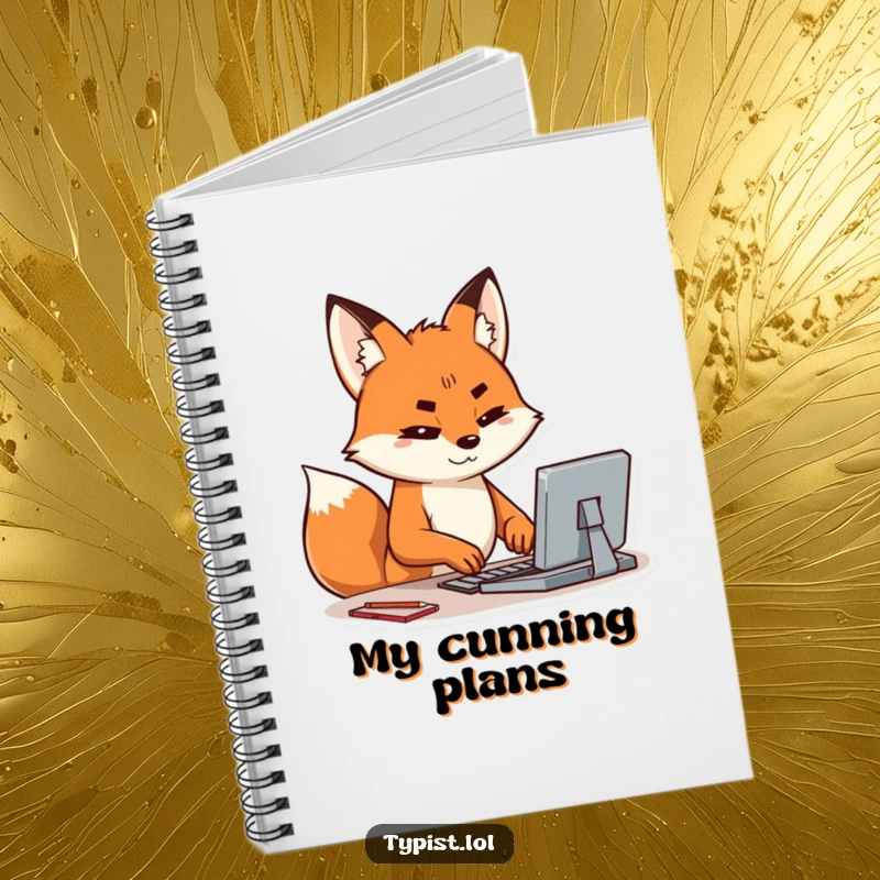 Funny notebook cover featuring a happy fox typing intensely, brow furrowed, inspiring focused note-taking and brilliant ideas.