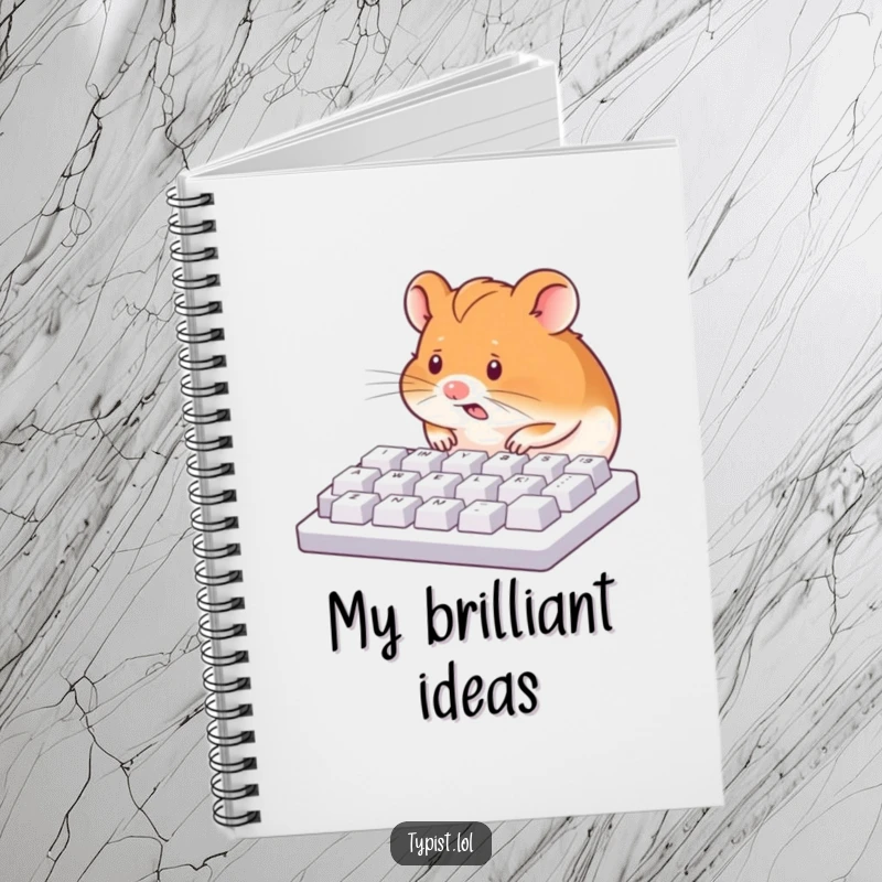 Funny notebook cover with a hyperactive hamster pecking a keyboard with its nose, symbolizing energetic note-taking.
