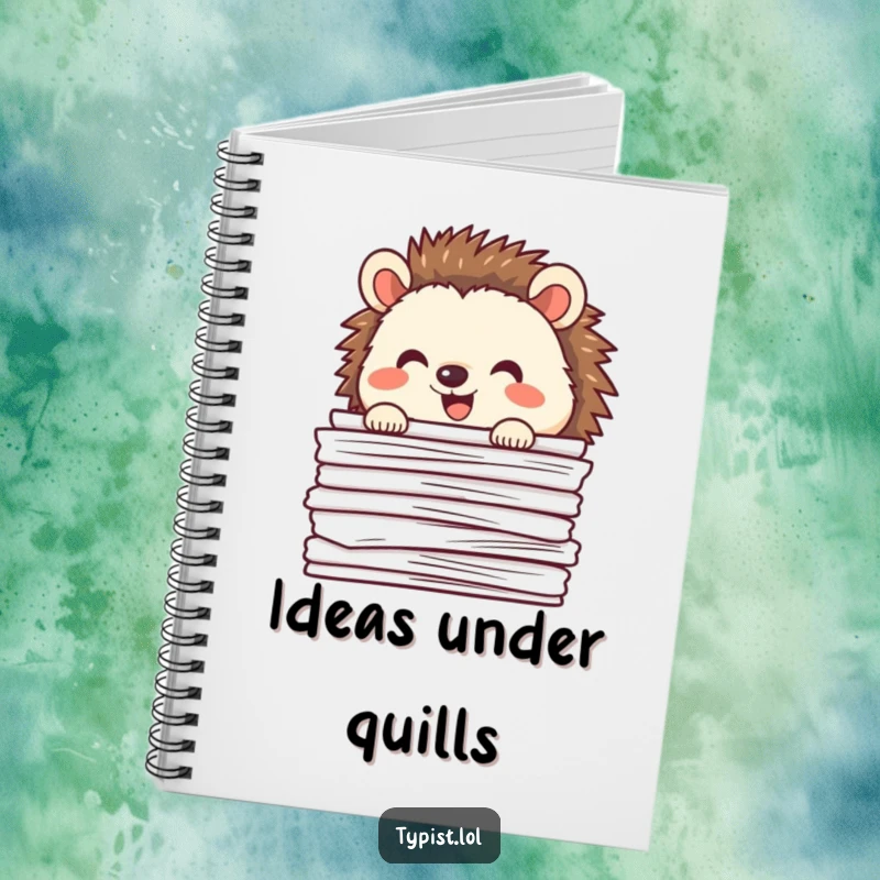 Funny happy hedgehog peeking behind papers, notebook cover, cute and humorous journal for writers.
