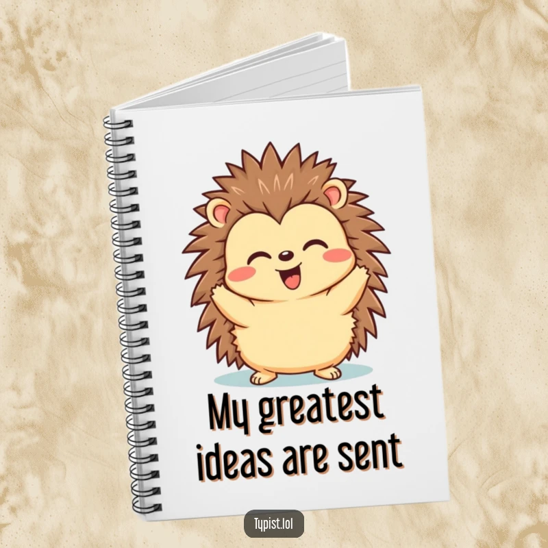 Funny notebook featuring a happy hedgehog with a triumphant expression after hitting send, ideal for journaling.