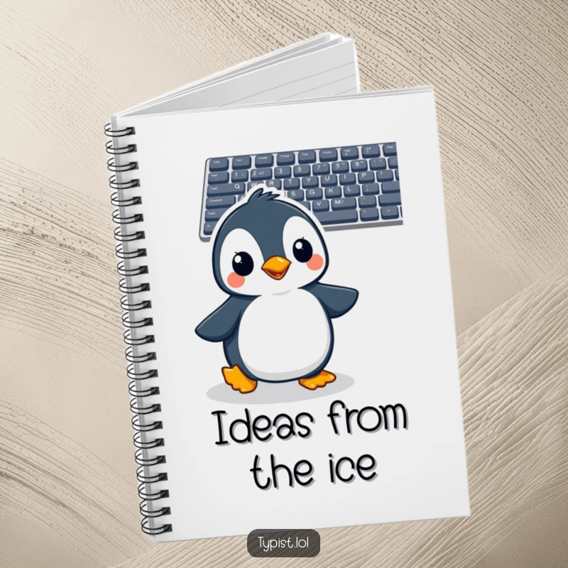 Funny penguin notebook with a cheerful penguin eagerly waddling towards a computer keyboard, ready to type notes.