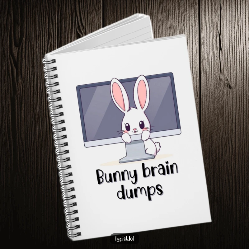 Funny rabbit notebook with a curious bunny peeking from behind a large computer monitor, ready to take notes.
