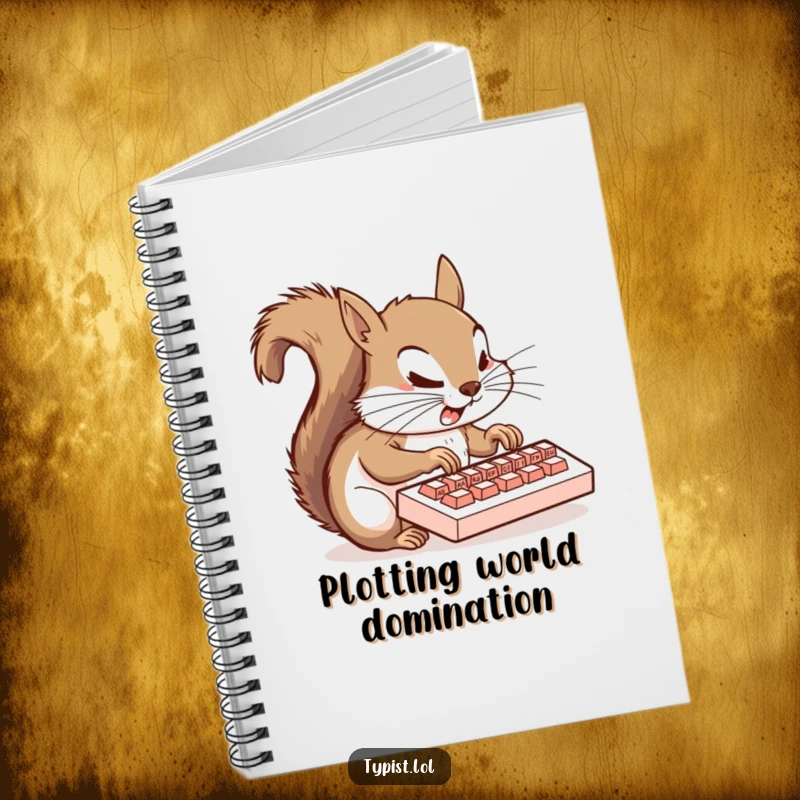 Funny squirrel notebook cover showing a squirrel typing furiously with all four paws on a tiny keyboard, inspiring productivity and humor.