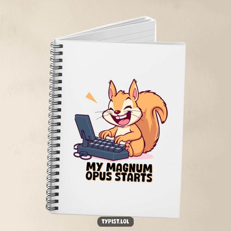 Funny, high-energy squirrel typing furiously on a giant keyboard, inspiring creativity, a perfect notebook for writers and humor fans.