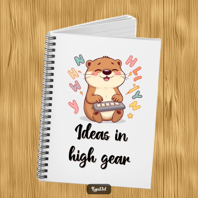 Funny otter notebook with a joyful otter typing rapidly amongst swirling letters, inspiring quick note-taking.