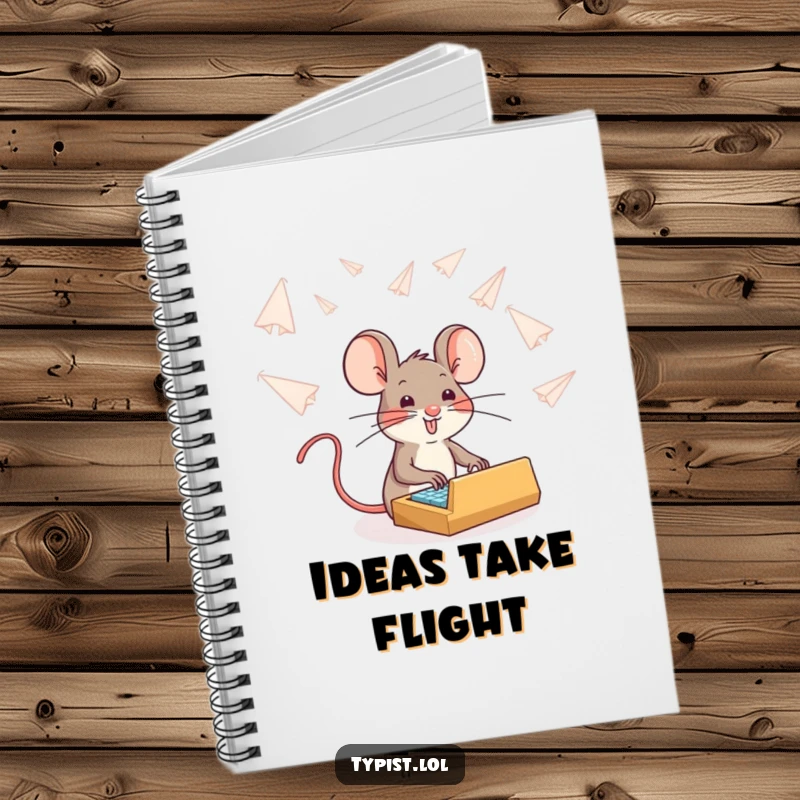 Funny brave mouse typing amidst paper airplanes, notebook cover, inspirational and humorous journal for writers.