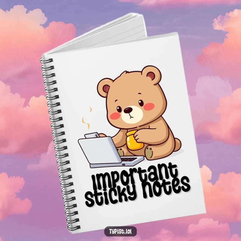 Funny bear notebook cover showing a determined bear typing with one paw, honey jar nearby, inspiring focused note-taking.