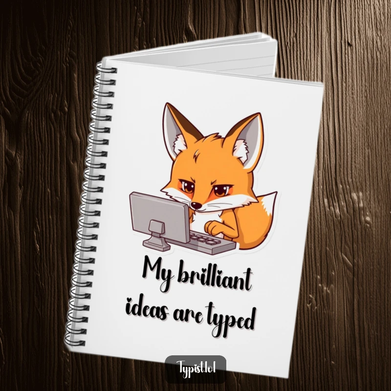 Funny notebook featuring a curious fox intensely focused on a screen, typing hands moving, ideal for notes.