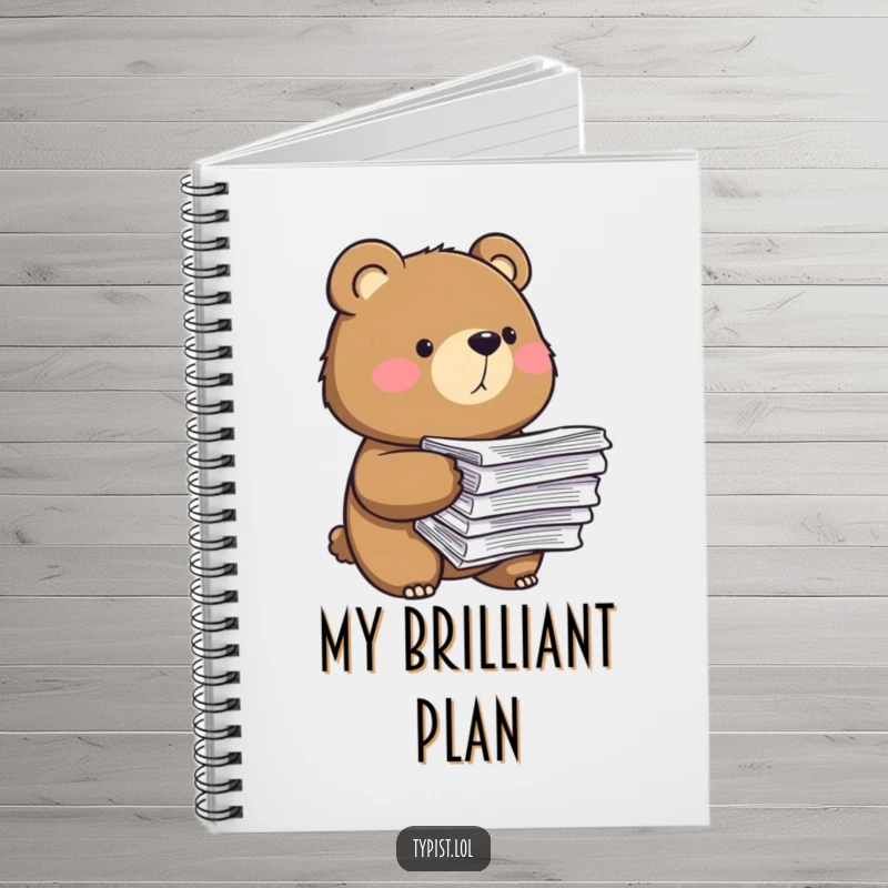 Funny notebook cover with a determined bear holding a stack of papers, symbolizing organization and task management humor.