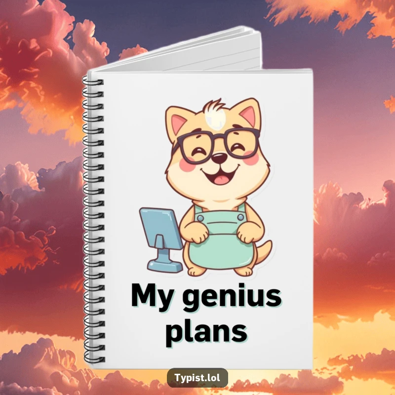 Funny notebook cover with a dog wearing glasses and an apron typing computer commands, symbolizing smart note-taking.