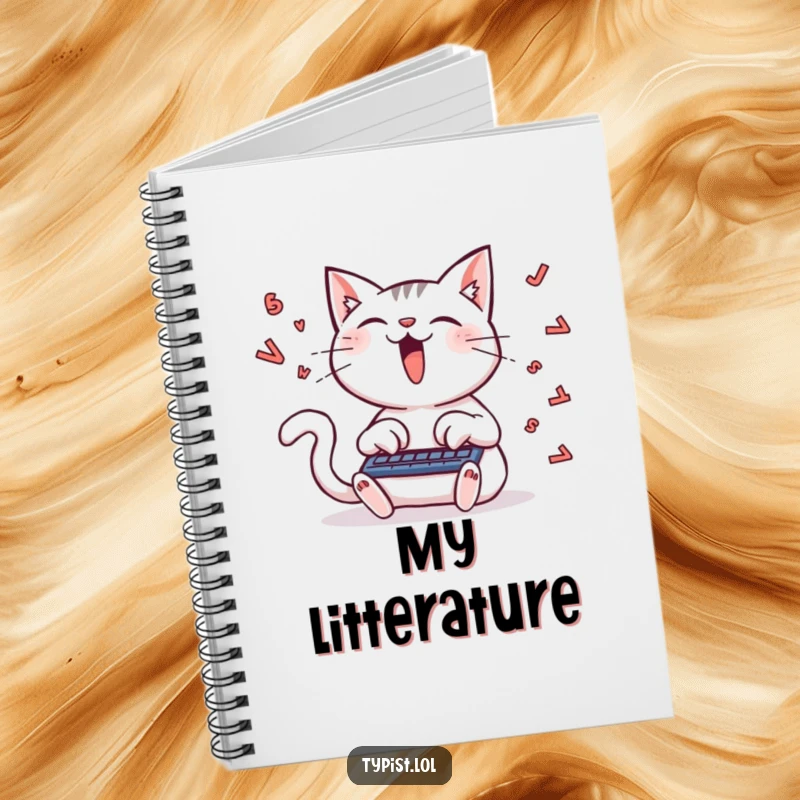 Funny notebook with a delighted cat typing furiously, letters flying, encouraging creative writing and imaginative expression.