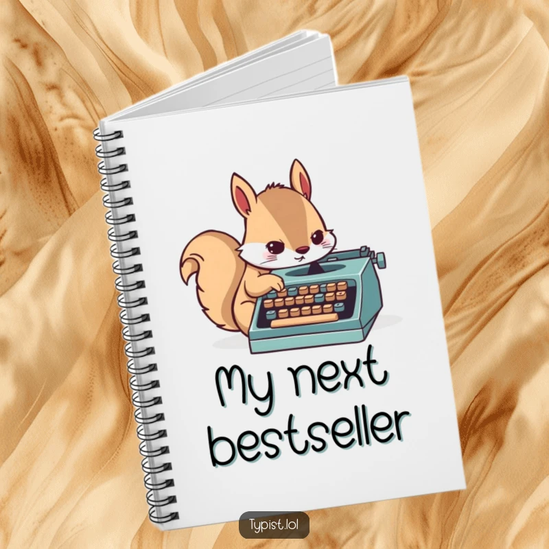 Funny notebook cover with a determined squirrel furiously typing on a miniature typewriter, inspiring productive writing.