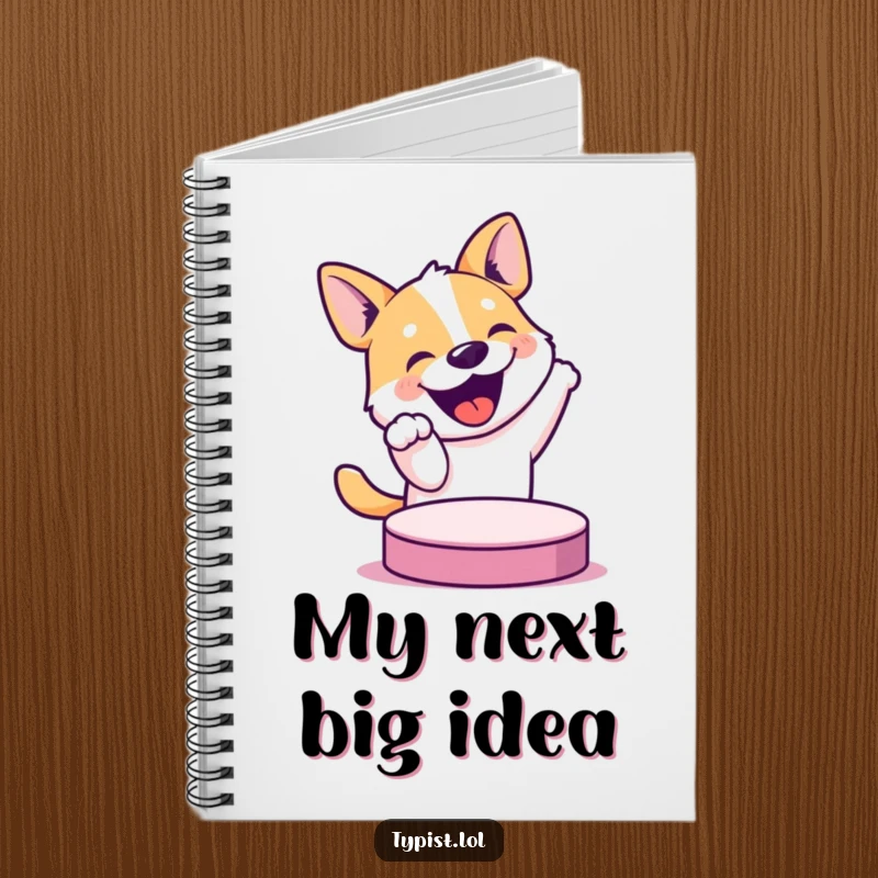 Funny notebook cover with a bouncy dog about to push a large button, symbolizing excitement for new ideas and playful learning.
