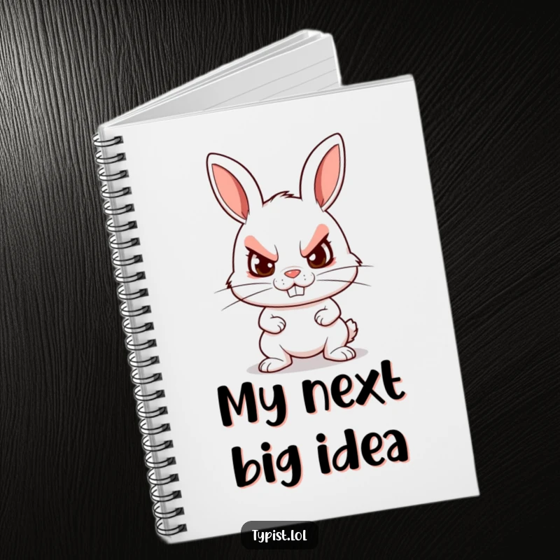 Funny notebook featuring a determined rabbit character typing furiously with a grin, perfect for jotting down ambitious goals.