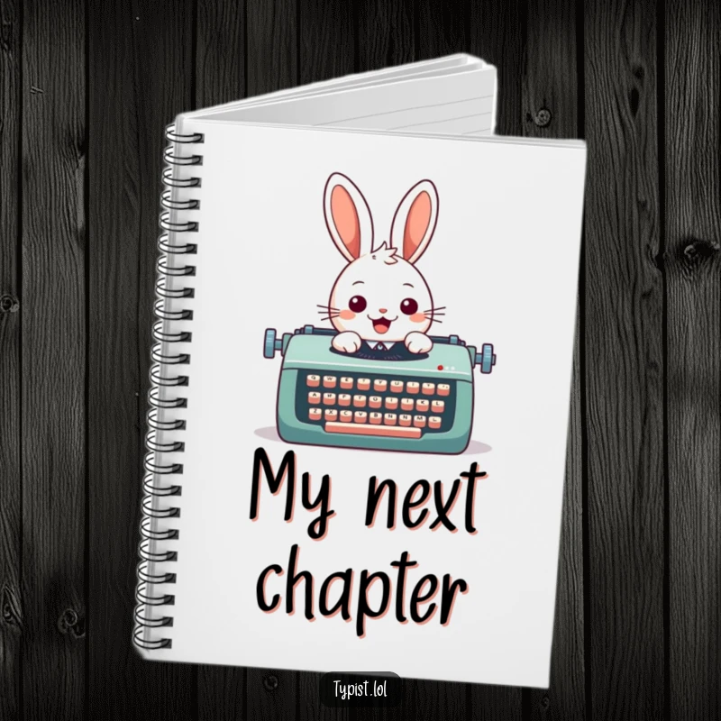 Funny notebook with a cheerful rabbit typing on an oversized typewriter, encouraging creative writing and literary expression.