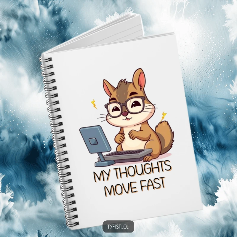 Funny squirrel wearing glasses typing rapidly, depicted on the cover of a notebook.