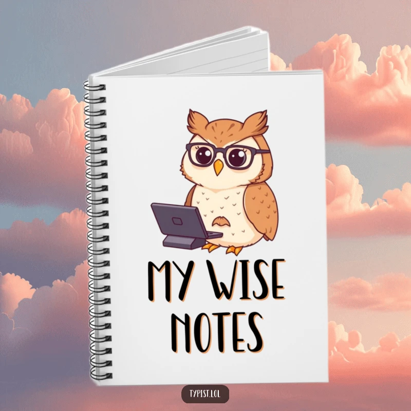 Funny notebook cover featuring a proud owl in spectacles, typing with dignified concentration, inspiring wise note-taking and thoughtful planning.