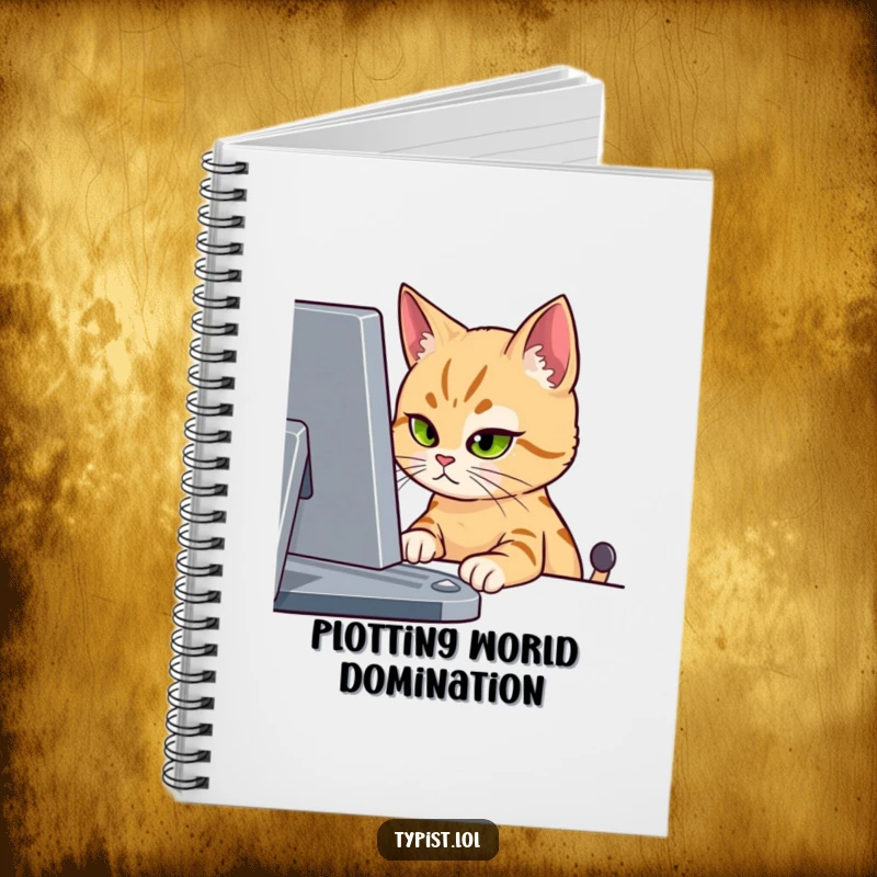 Funny notebook cover with a cat intensely staring at a computer screen with one eye, symbolizing deep thought.