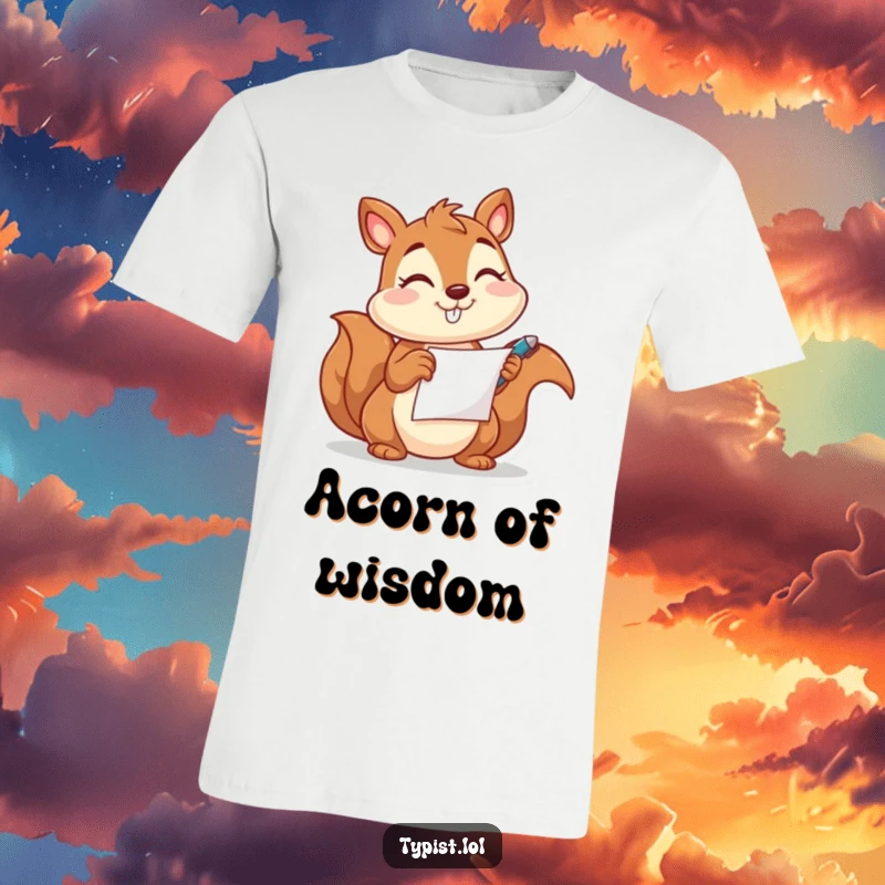 Funny t-shirt showing a happy squirrel winking while holding a pen and paper, ready to jot down humorous thoughts.