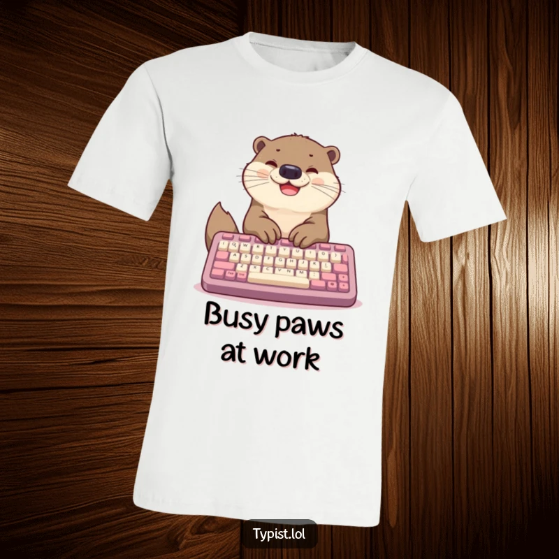 Funny t-shirt featuring a happy otter intensely typing messages on a huge keyboard with its front paws, looking focused and cheerful.
