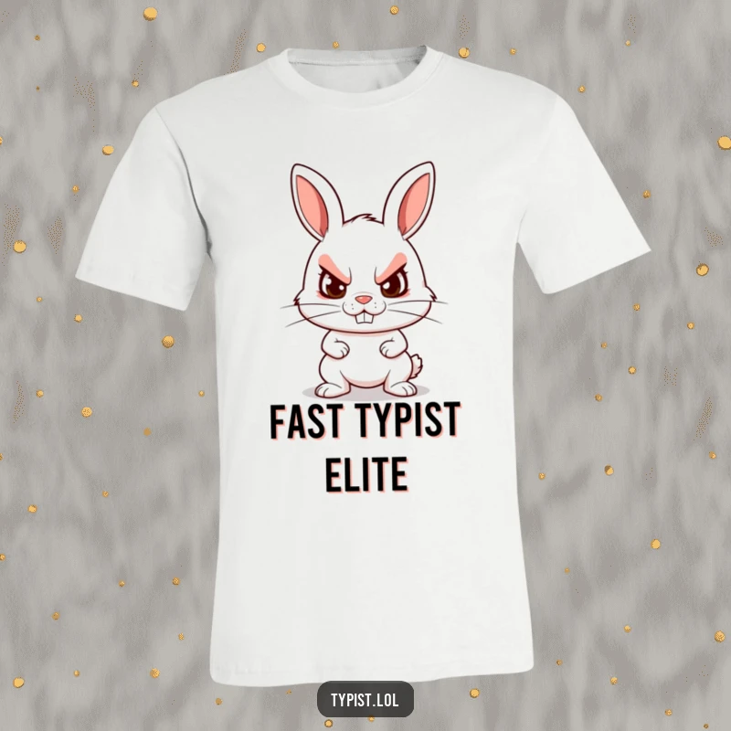 Funny t-shirt with a determined rabbit furiously typing with a grin, representing intense focus and humorous drive.