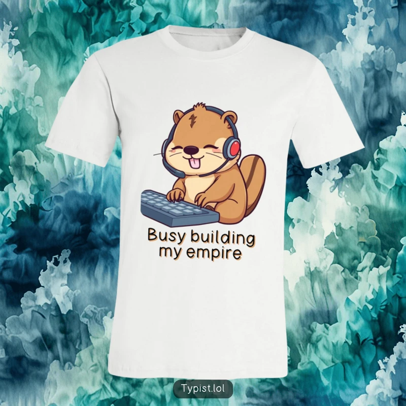 Funny t-shirt featuring a busy beaver wearing a headset and actively typing on a keyboard, embodying dedication and efficient work.