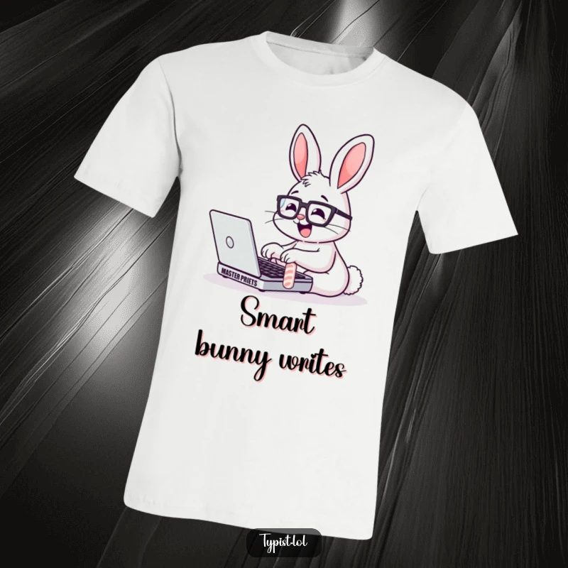 Funny Bunny Glasses Laptop T-Shirt: A cheerful bunny with glasses types rapidly on a laptop. Comfortable and amusing apparel.