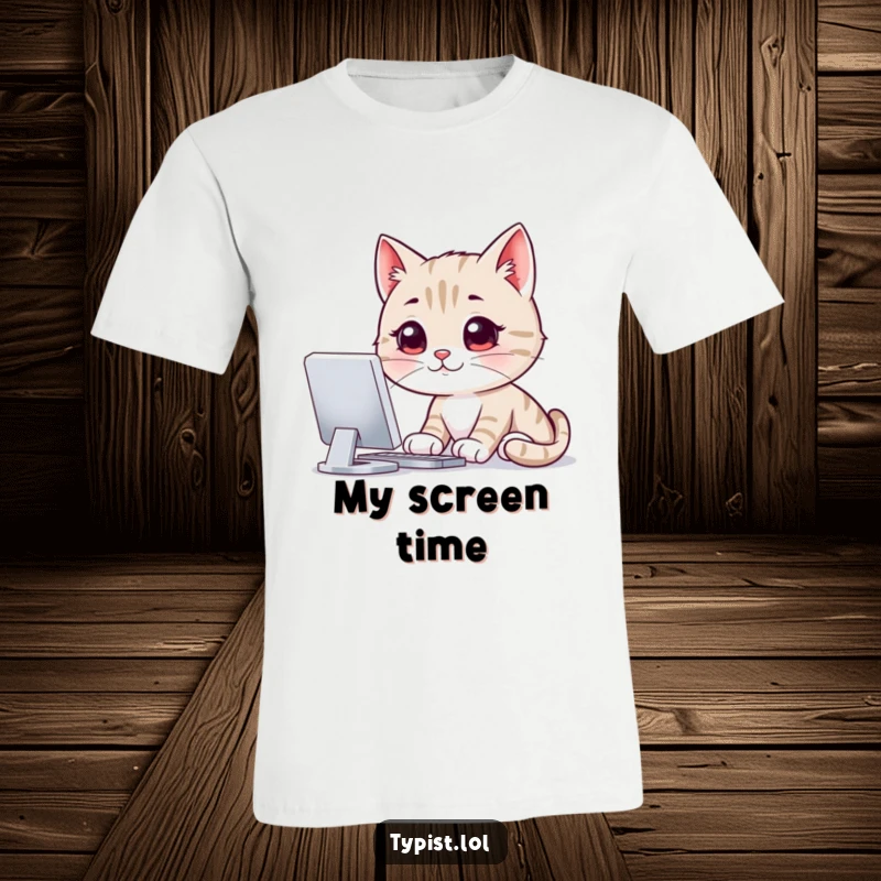 Funny t-shirt graphic of a smiling cat staring intently at a computer monitor, depicting deep concentration and digital engagement.