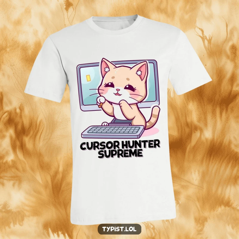 Funny cat t-shirt depicting a playful cat batting at a computer cursor on a screen, representing feline mischief.