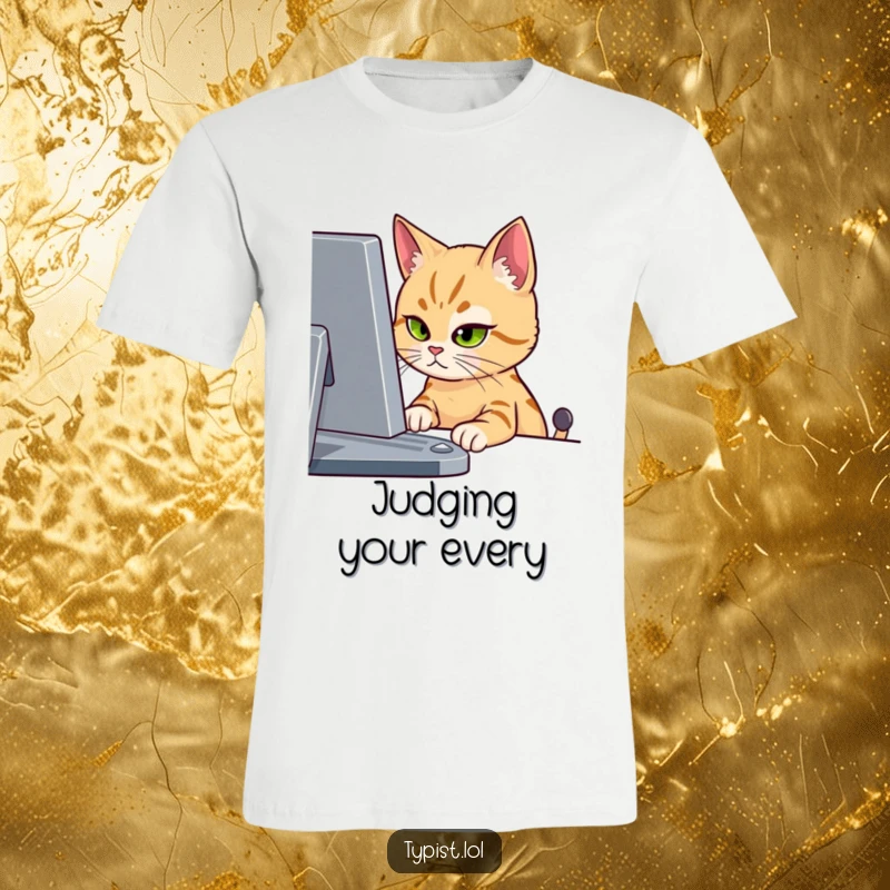 Funny t-shirt with a cat giving an intense, single-eyed stare at a computer screen, depicting digital absorption.