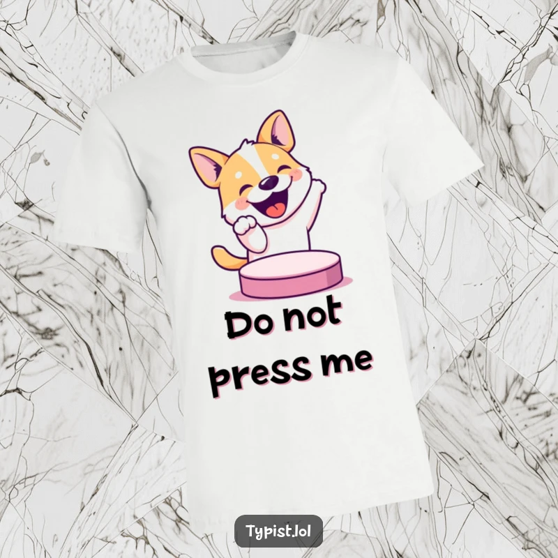 Funny t-shirt print of an ecstatic, bouncing dog poised to press a giant button, embodying pure excitement and playful mischief.