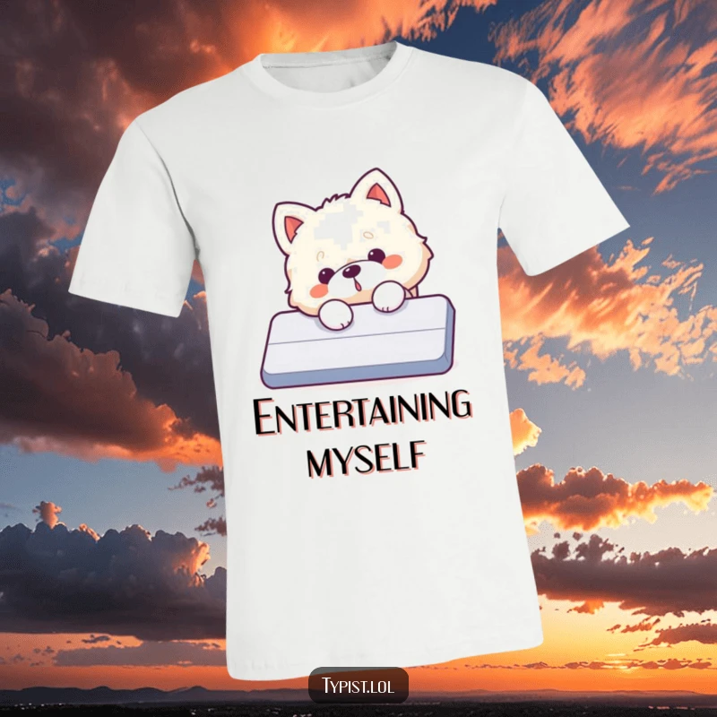 Funny dog t-shirt, a fluffy dog accidentally hits a large enter key on a keyboard, leading to comical results.