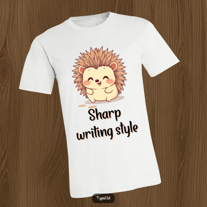 Funny hedgehog t-shirt depicting a happy hedgehog using its quills to type, creating ink art, very artistic humor.