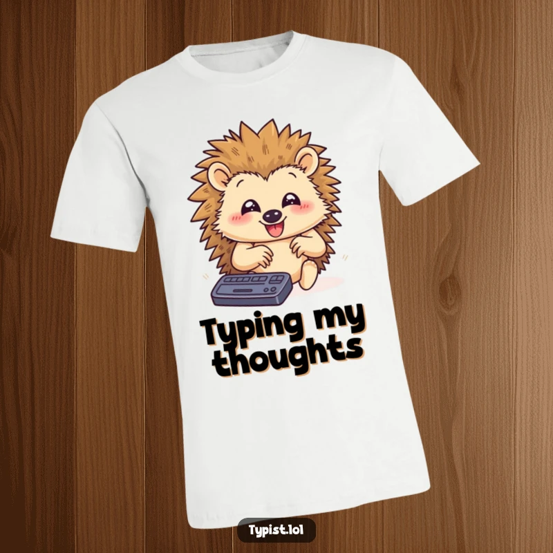 Funny t-shirt graphic of a happy hedgehog typing rapidly, paws flying, showcasing extreme speed and humorous productivity.