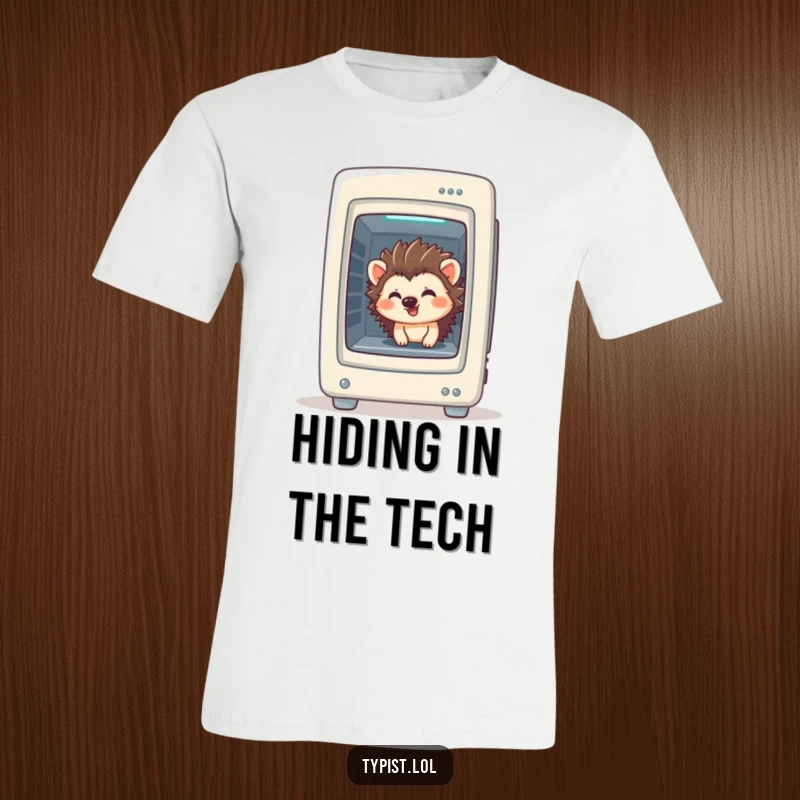 Funny Hedgehog Computer T-Shirt: A giggling hedgehog peeks out of a PC tower, radiating tech-savvy fun, perfect funny gift.