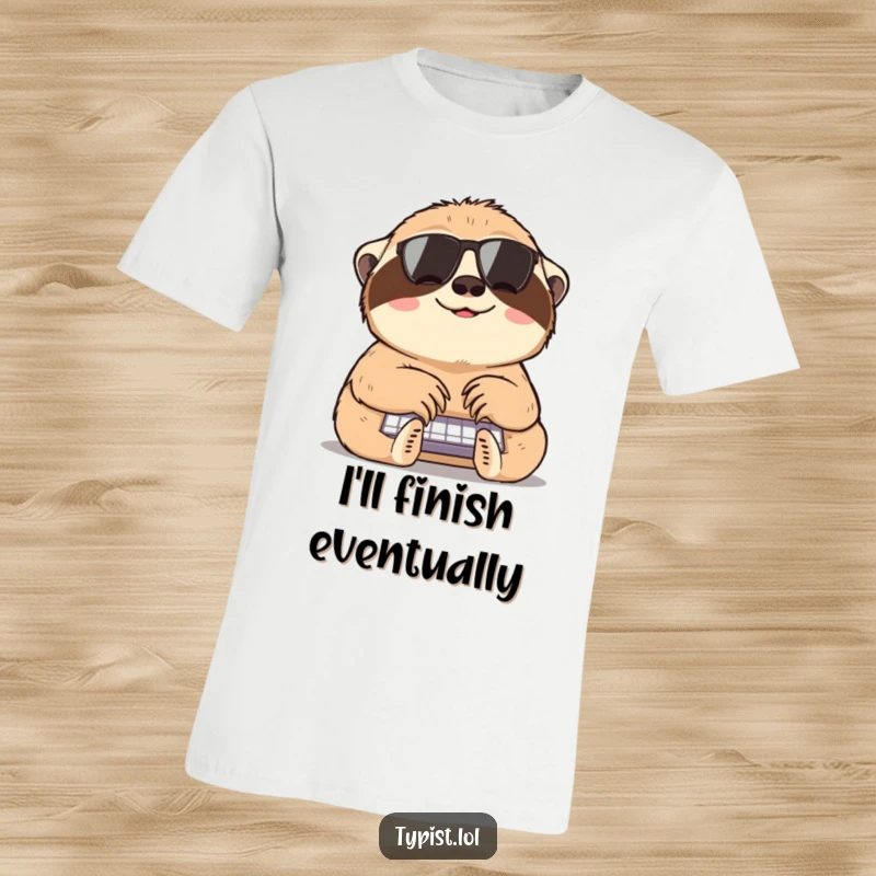 Funny sloth t-shirt featuring a happy sloth typing at an incredibly slow pace, a humorous and relatable design.