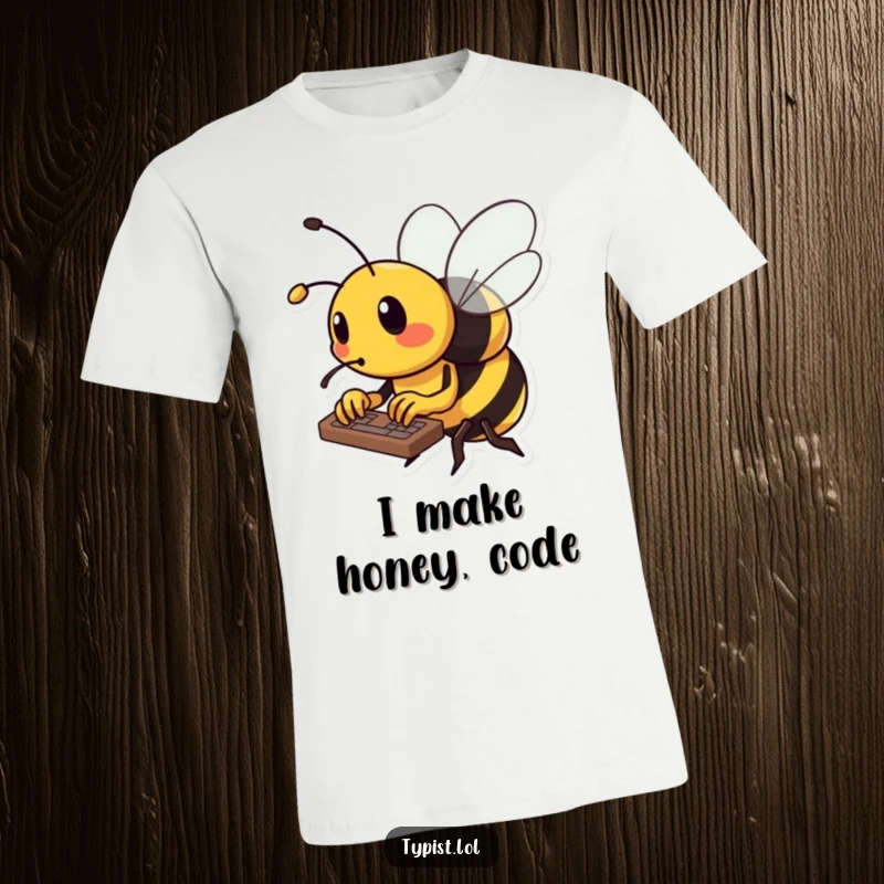 Funny bee t-shirt depicting a busy bee furiously typing on a keyboard, using its tiny stinger as a tool.