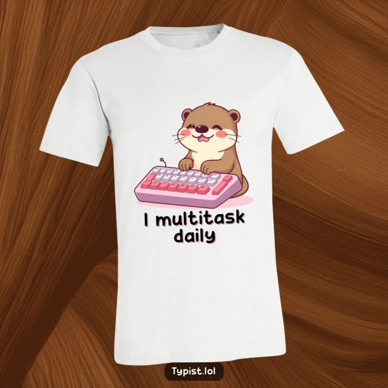 Funny Kawaii Otter T-Shirt: A joyful otter with a huge smile types furiously on an oversized keyboard, celebrating productivity. Great gift idea.