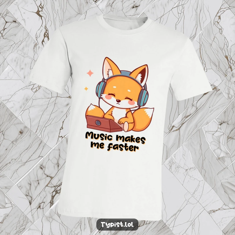 Funny t-shirt with a cute fox wearing headphones, bopping its head while typing, embodying a cool and musical work style.