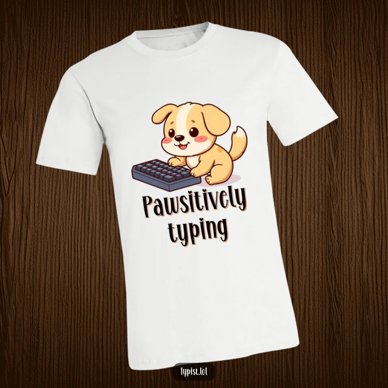 Funny T-Shirt showing a playful dog with its tail wagging, actively pecking at a keyboard with its paws, embodying tech-loving canine fun.