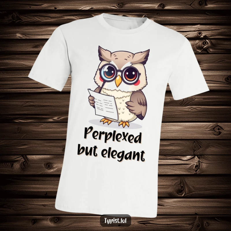Funny Owl T-Shirt: A curious owl character wearing a monocle diligently reads a document, showcasing intellect and humor for a funny gift.