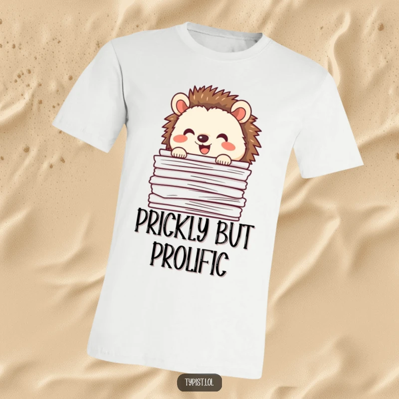 Funny happy hedgehog peeking out from behind a large stack of papers, humorous t-shirt, cute animal design.