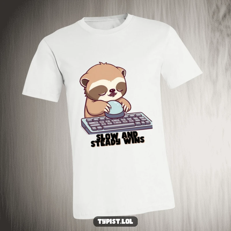 Funny sloth t-shirt, sleepy sloth slowly pressing a single large keyboard button with determination.