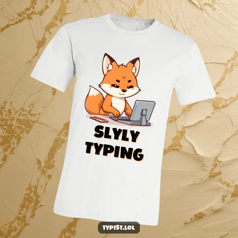 Funny t-shirt showing a happy fox intensely typing on a keyboard, one brow raised in deep thought and concentration.