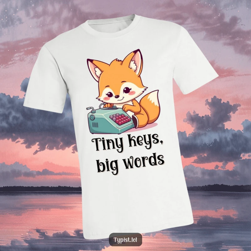 Funny fox with a determined grin, typing on a miniature typewriter, wearing glasses, humor t-shirt for writers.