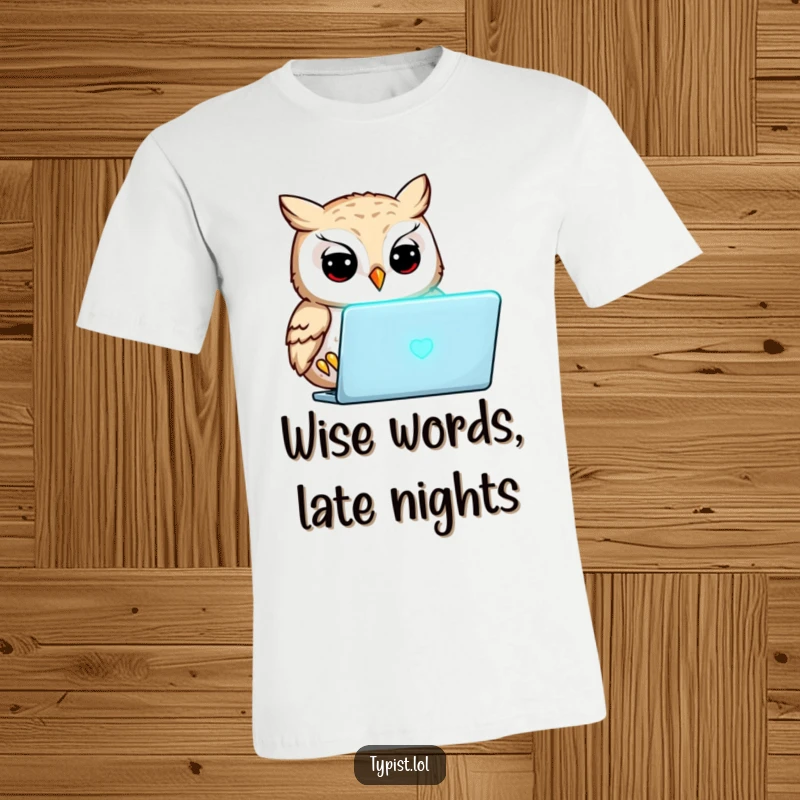 Funny owl with intense focus, staring at a glowing laptop screen, humorous t-shirt for scholars and owl lovers.