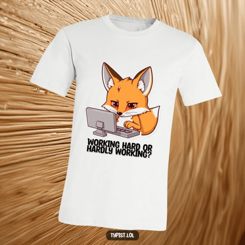 Funny t-shirt featuring a curious fox intensely focused on a screen with typing hands, representing tech work.